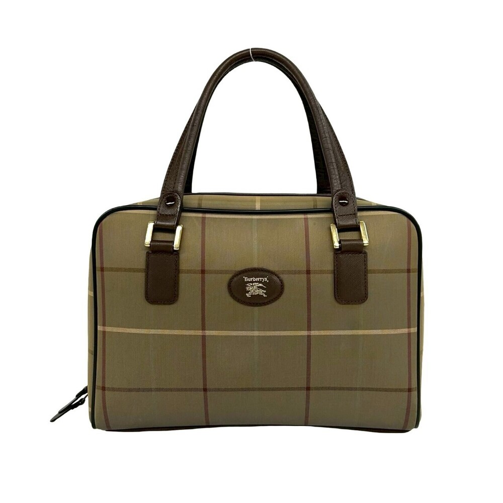 Burberrys Shadow Horse Nova Check Canvas Leather Handbag Boston Bag Khaki Bro...